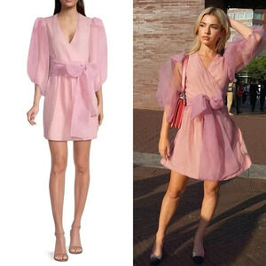 Cynthia Rowley Irene Pink Organza Puff Sleeve Wrap Mini Dress XS NWT